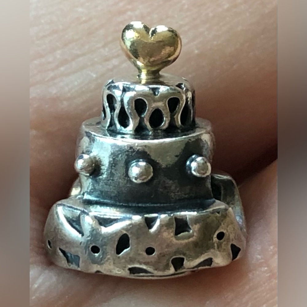 Authentic Retired Pandora Sterling Silver and 14k Gold Wedding Cake Charm